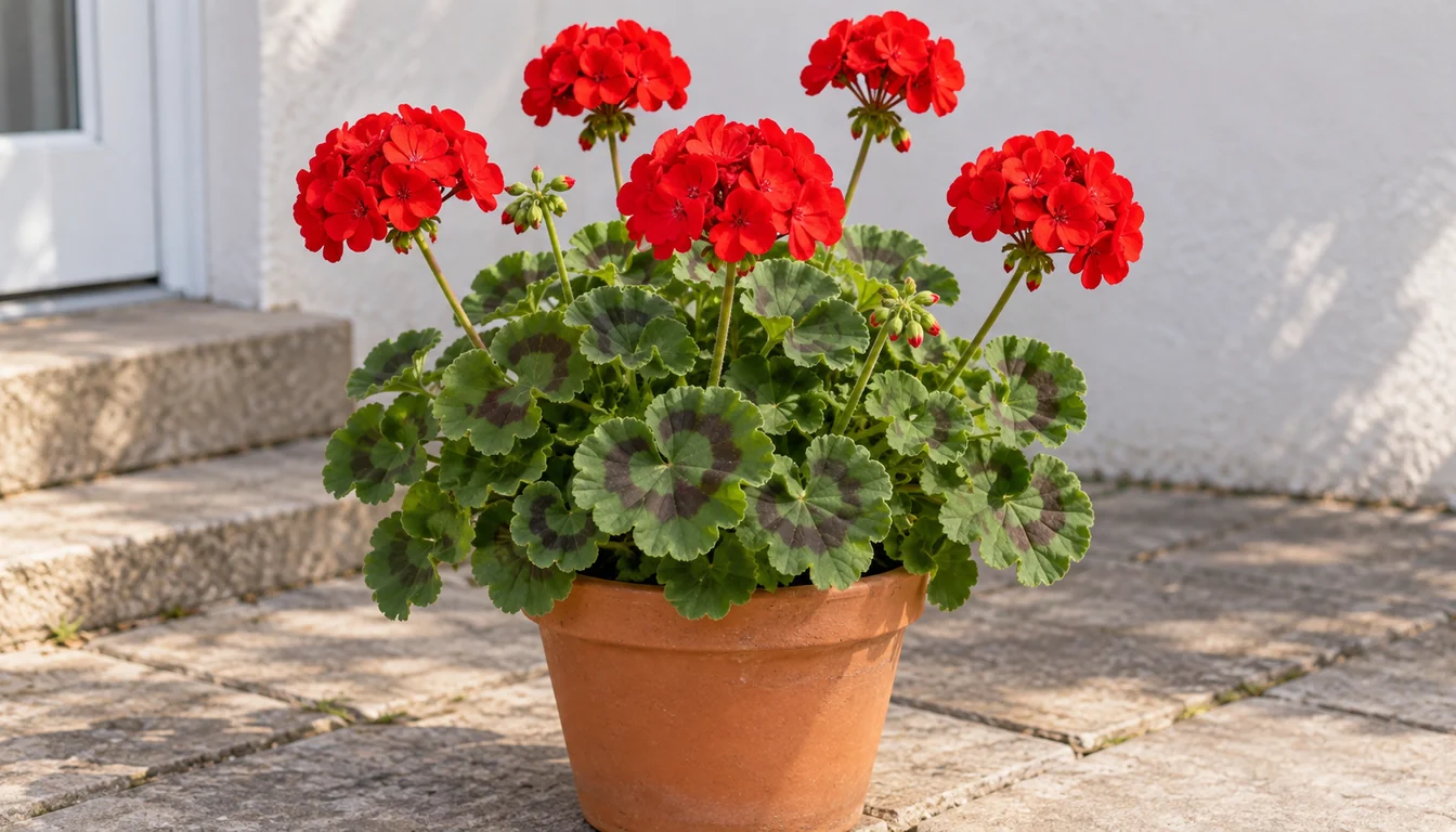 An upright zonal pelargonium with rounded marked leaves and red flower clusters