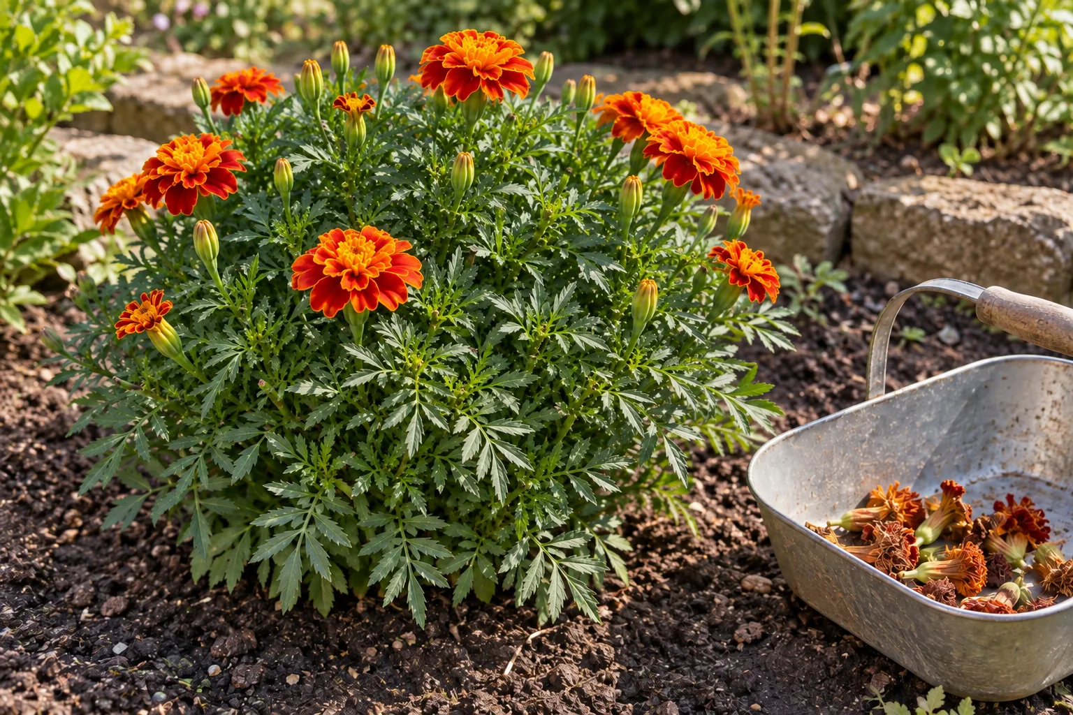 Healthy compact marigold with dense green foliage, open orange and yellow flowers, and many intact unopened buds