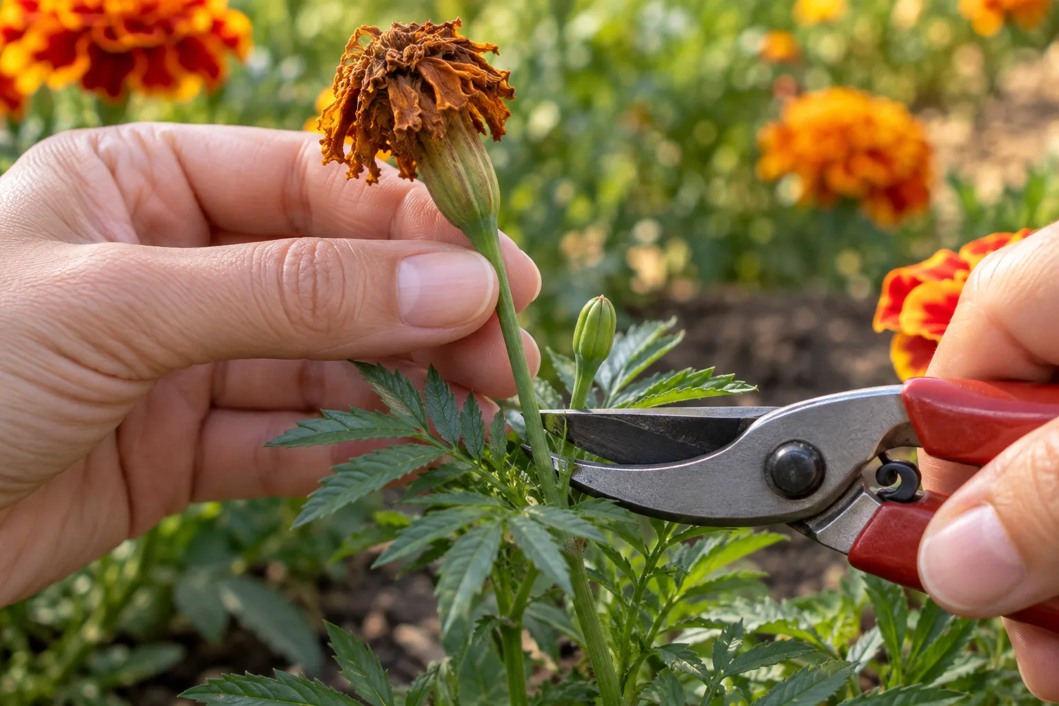 Small bypass snips cutting a faded marigold flower stalk just above a healthy leaf junction and unopened side bud