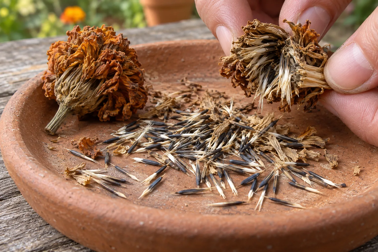An opened dry marigold flower head releasing mature slender seeds with dark shafts and pale tips onto a shallow tray