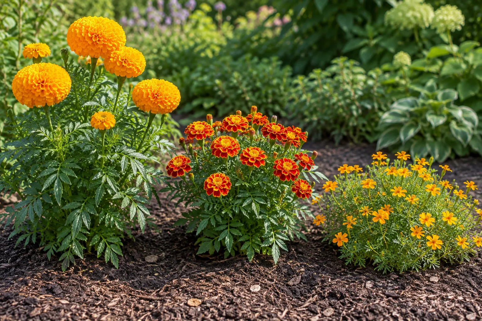 Three garden marigold forms showing a tall African marigold with large double flowers, a compact French marigold, and a low airy signet marigold with small single flowers