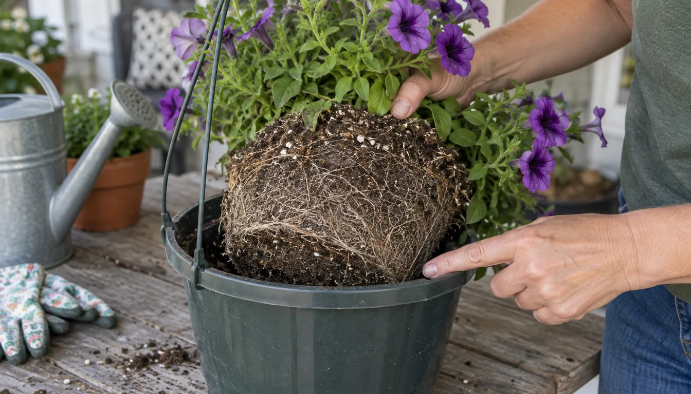 A petunia root ball lifted from a hanging basket showing dry compacted roots and a gap beside the pot wall