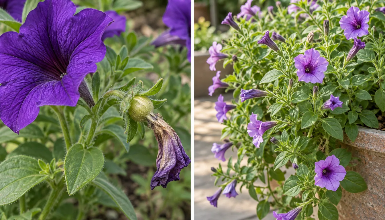 Traditional large-flowered petunia retaining a spent bloom and capsule beside a vigorous self-cleaning spreading petunia