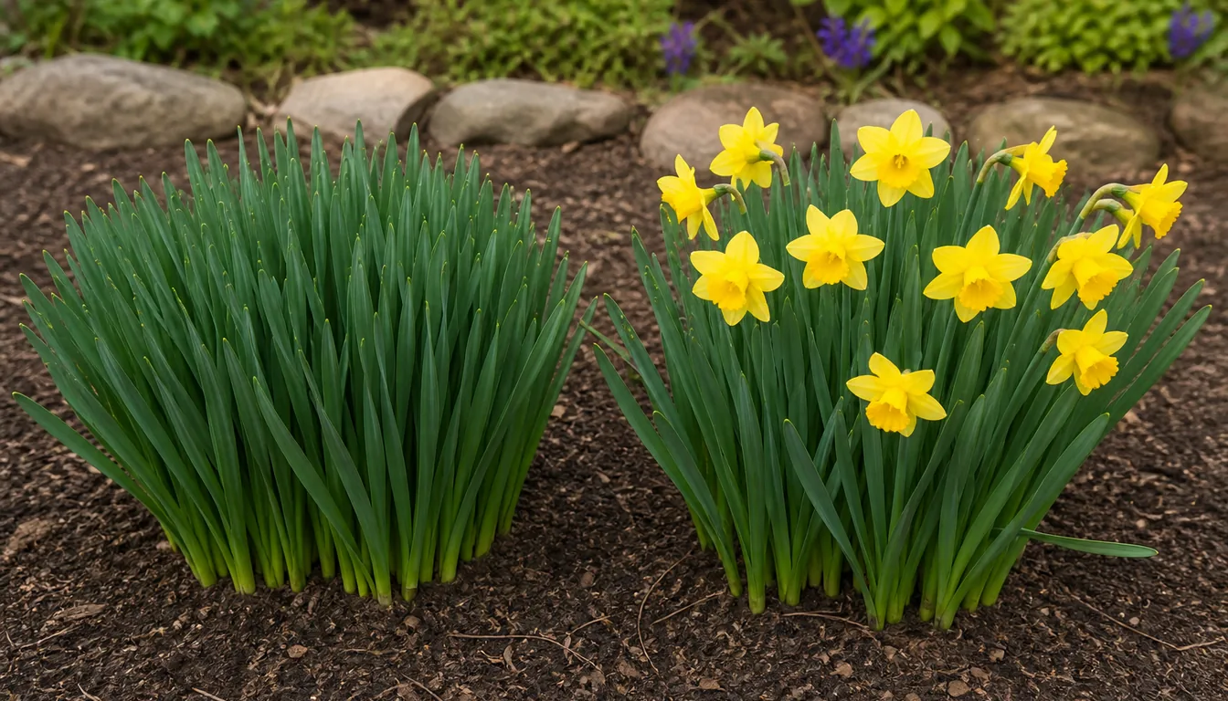 Two daffodil clumps side by side in a spring bed, the left a dense mass of healthy green strap leaves with no flowers among them, the right the same plant carrying nine open yellow flowers above its leaves
