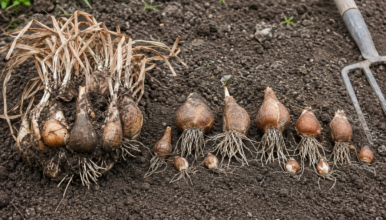 A just-lifted clump of daffodil bulbs packed tightly together with dried brown foliage and soil on the roots, beside the same bulbs pulled apart and laid out in a row on bare soil, some large and several small offsets