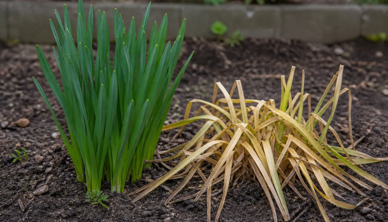 Two clumps of flowerless daffodil foliage side by side in bare soil, the left standing upright and firm bright green, the right yellowed to pale straw and collapsed outward across the ground