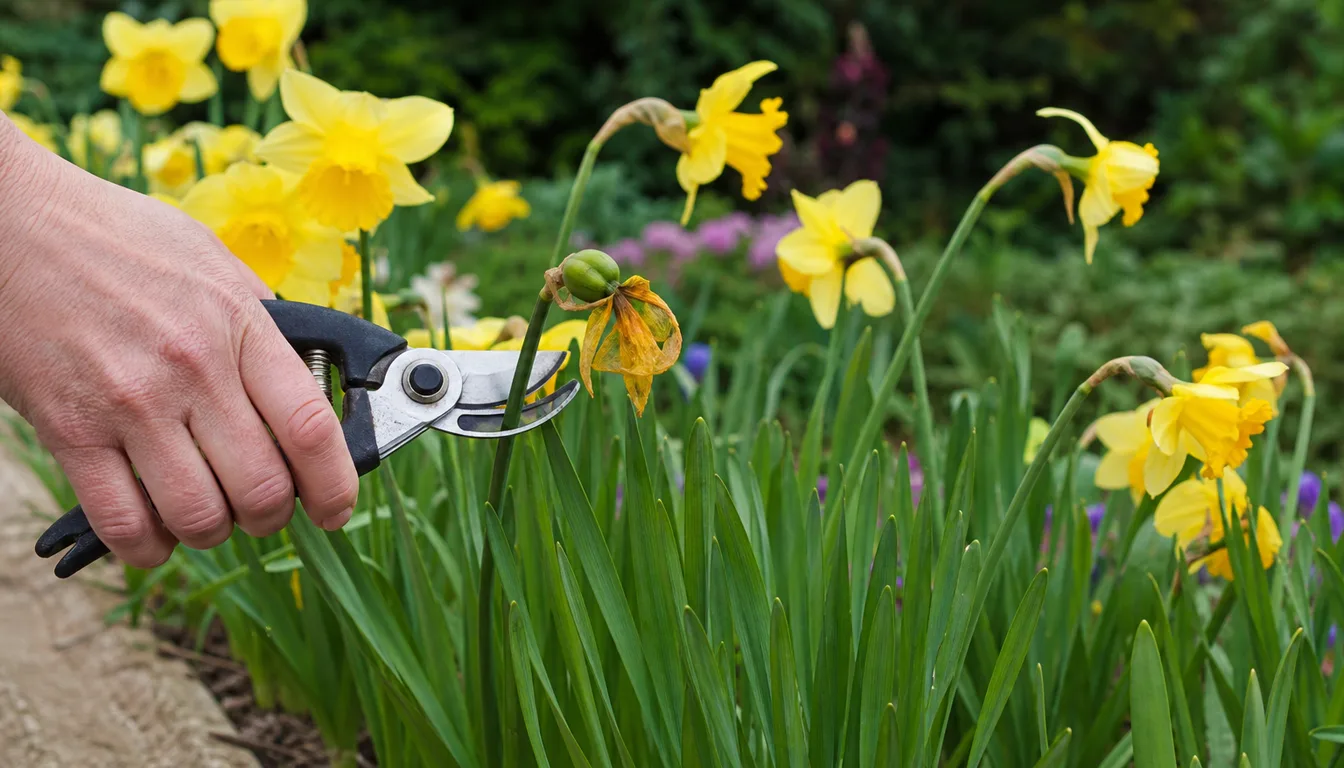 hand snipping a spent daffodil flower and green seed pod while leaving the green strap leaves standing