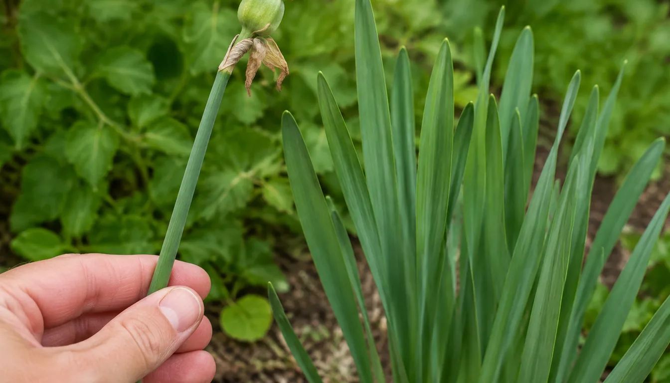 A hand holding one round daffodil flower stalk out to the side, carrying a browned spent flower and a swollen green seed pod, with the flat strap-shaped leaves of the same clump standing upright beside it