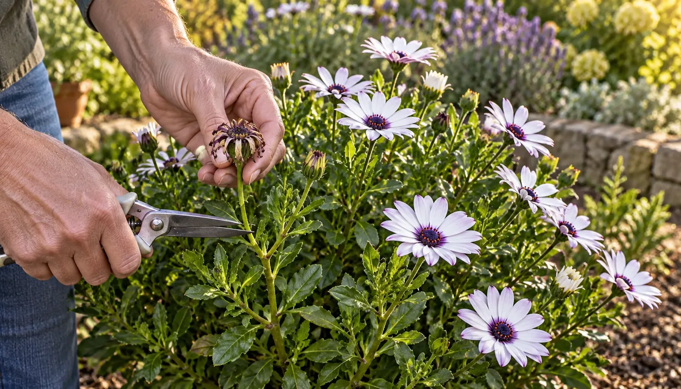 A gardener deadheading a branched African daisy mound just above a healthy leafy side shoot