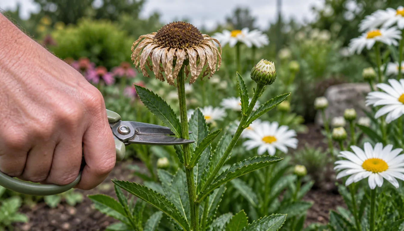 Clean bypass snips positioned above a leafy junction below a spent Shasta daisy while a fresh side bud remains untouched