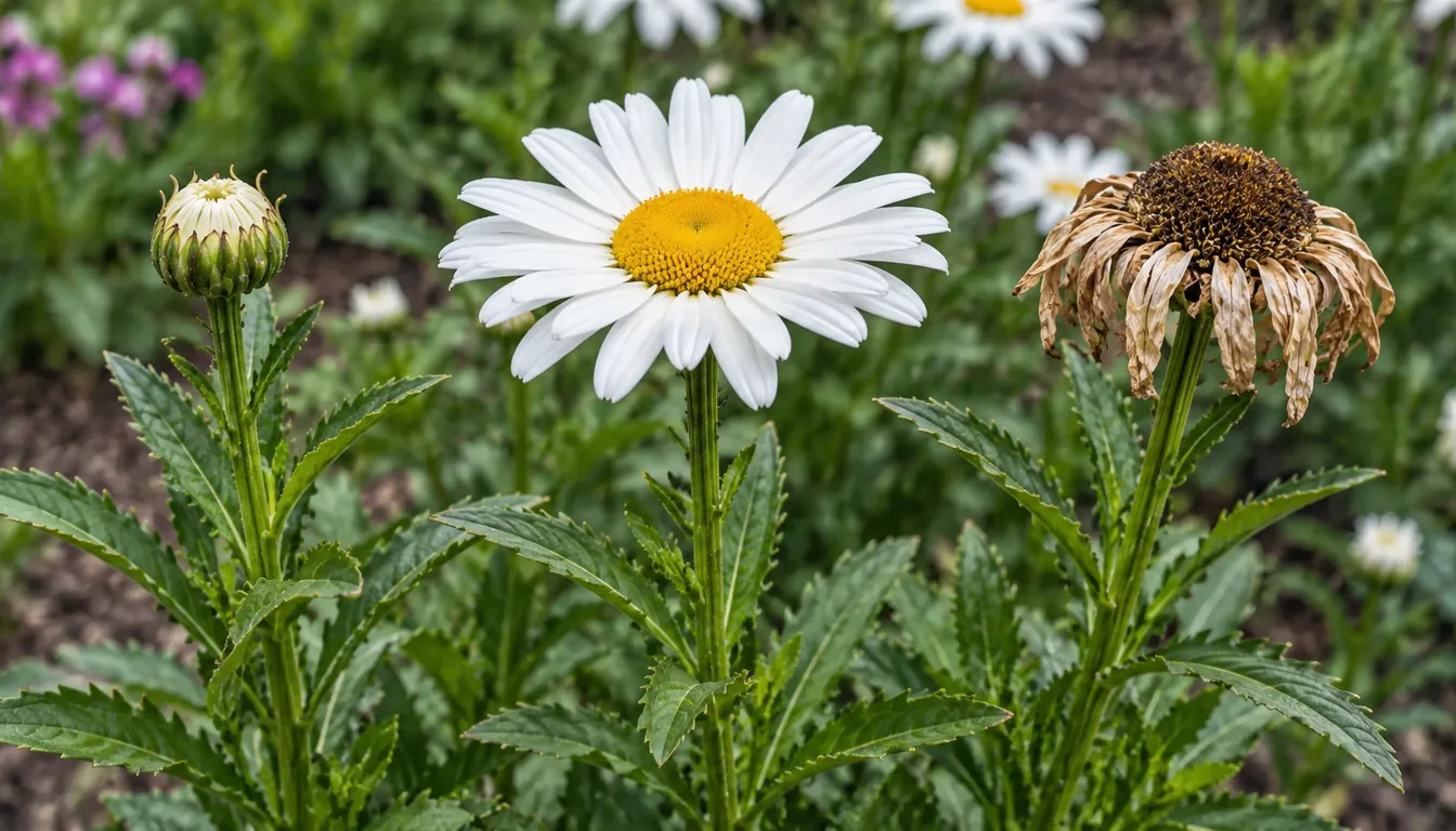 An unopened Shasta daisy bud, a fully open white flower, and a dry brown spent flower shown on the same healthy clump