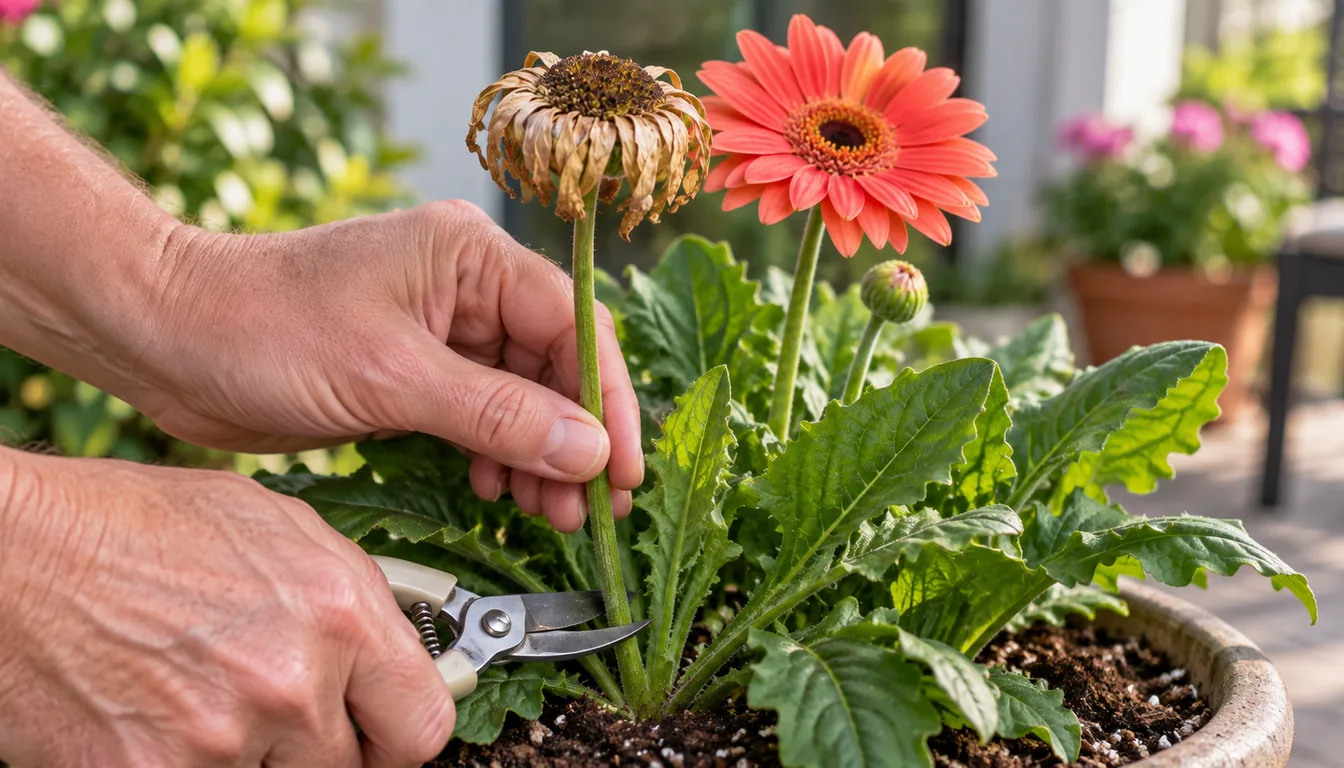 A faded gerbera flower on a long leafless stalk being cut near the crown of a leafy container plant