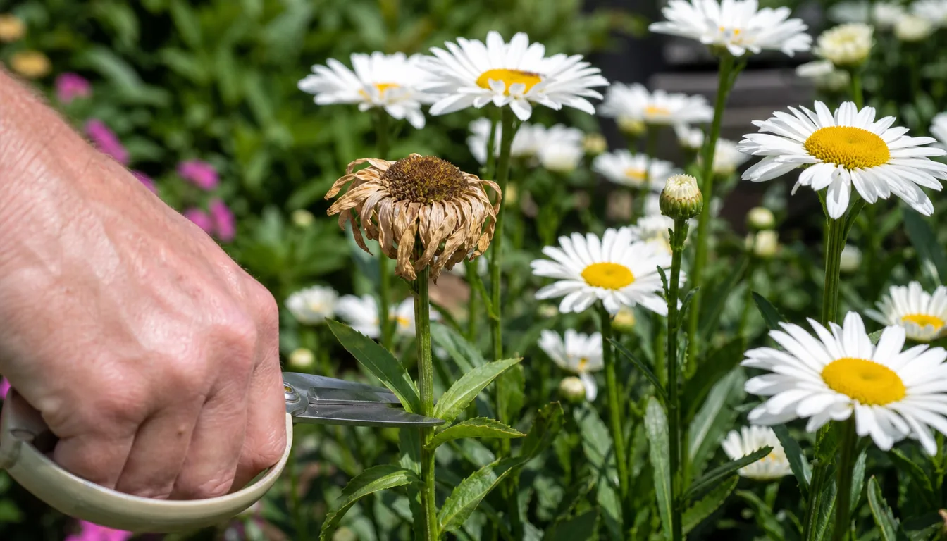 hand snipping a spent brown shasta daisy stem down to a low leaf pair among fresh white daisies