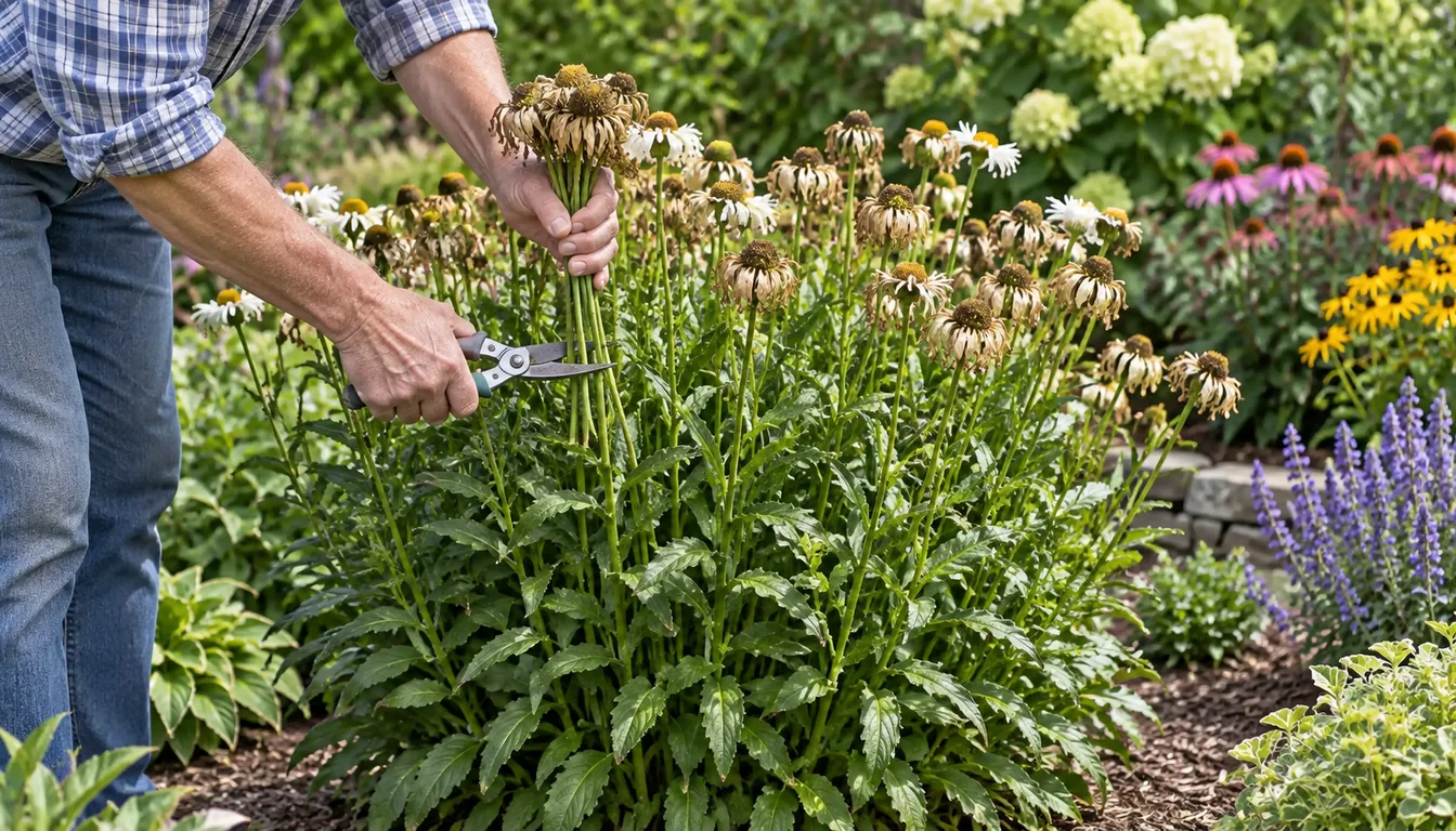 A gardener gathering faded Shasta daisy stems and cutting them back while leaving the green lower foliage intact