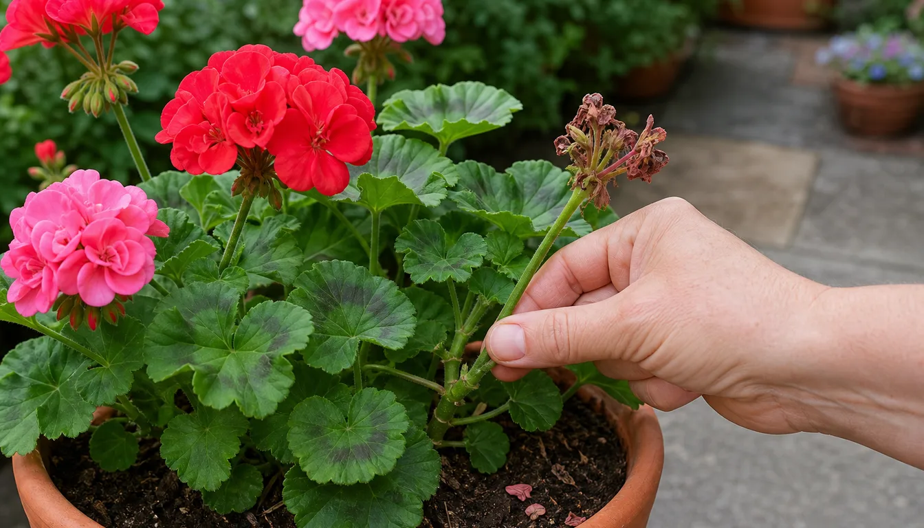 hand snapping off a whole spent geranium flower stalk at its base on a red potted pelargonium