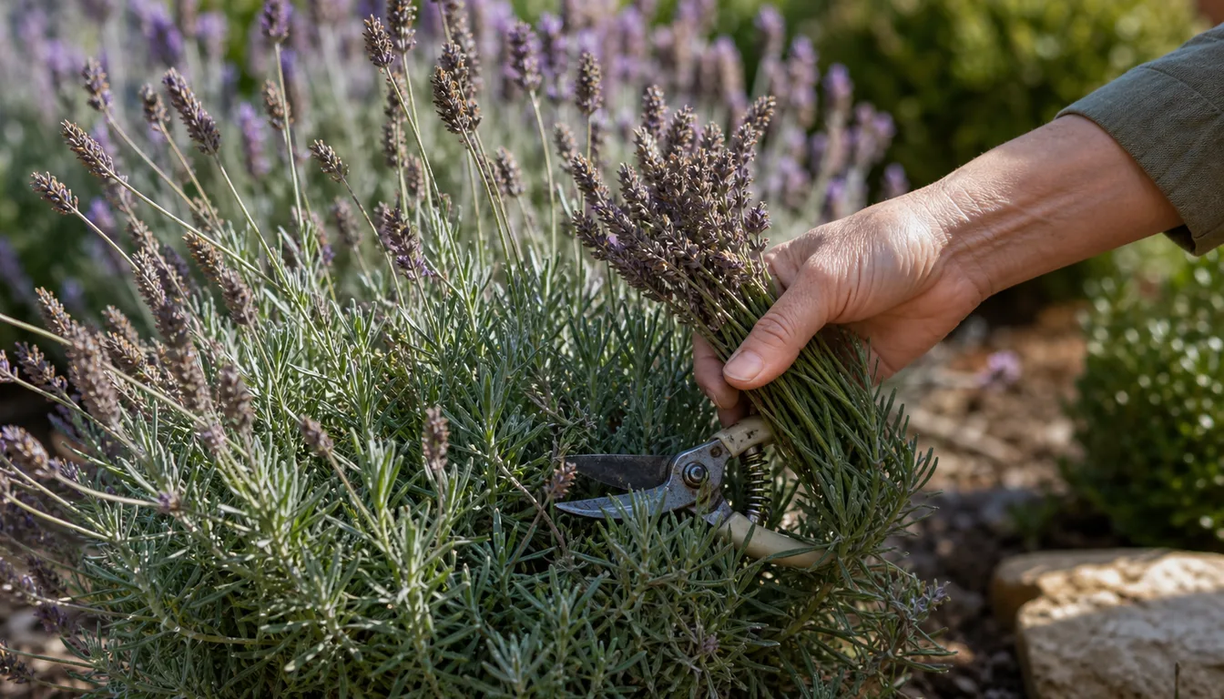 hand shearing spent lavender flower spikes into the green growth above the woody base