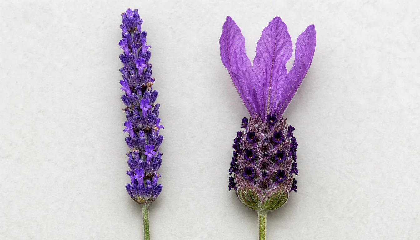 Two lavender flower stems side by side, the left a tight narrow English spike of small florets and the right a squat Spanish head topped by three tall upright petal-like bracts