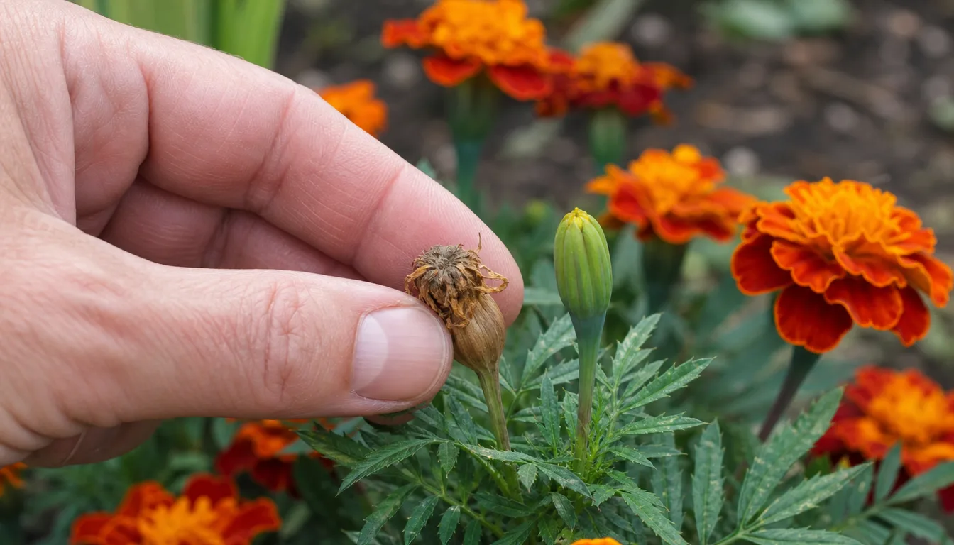 fingers pinching a papery spent marigold seed head next to a tight fresh green bud on an orange marigold