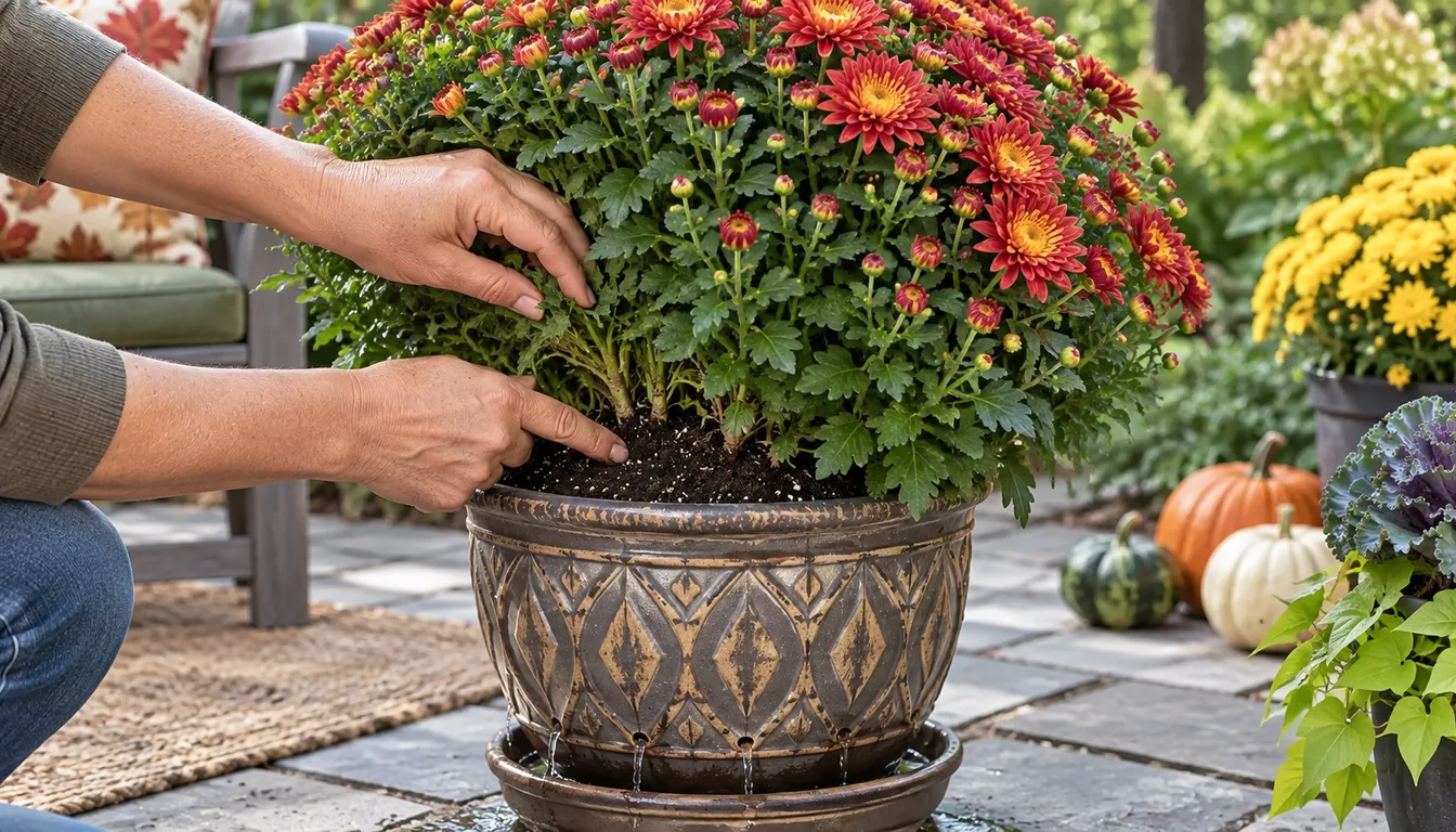 A gardener checking moist potting mix beneath a dense red potted mum while water drains from the container