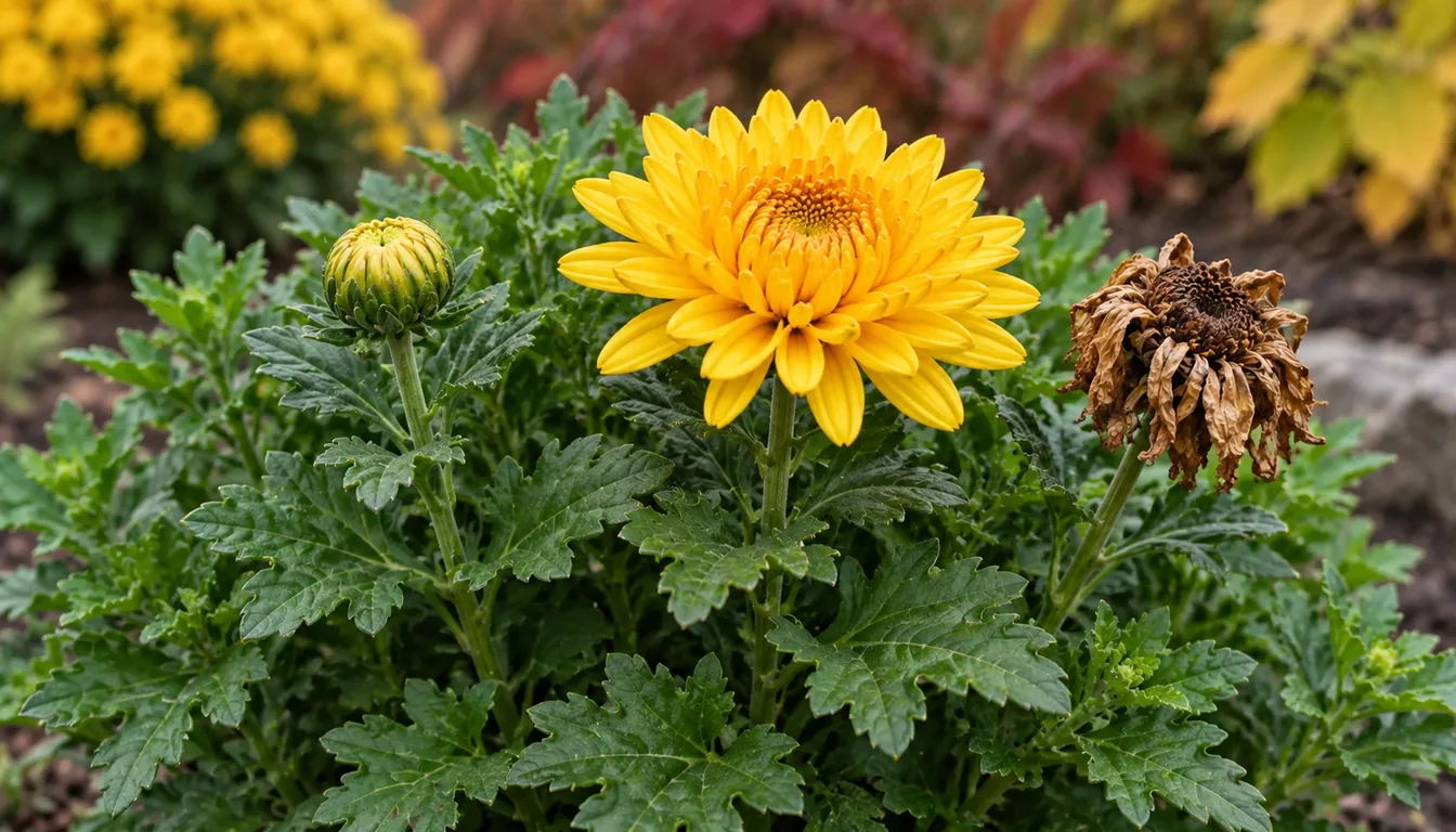 A tight mum bud, a fully open yellow chrysanthemum flower, and a dry brown spent bloom on one leafy plant