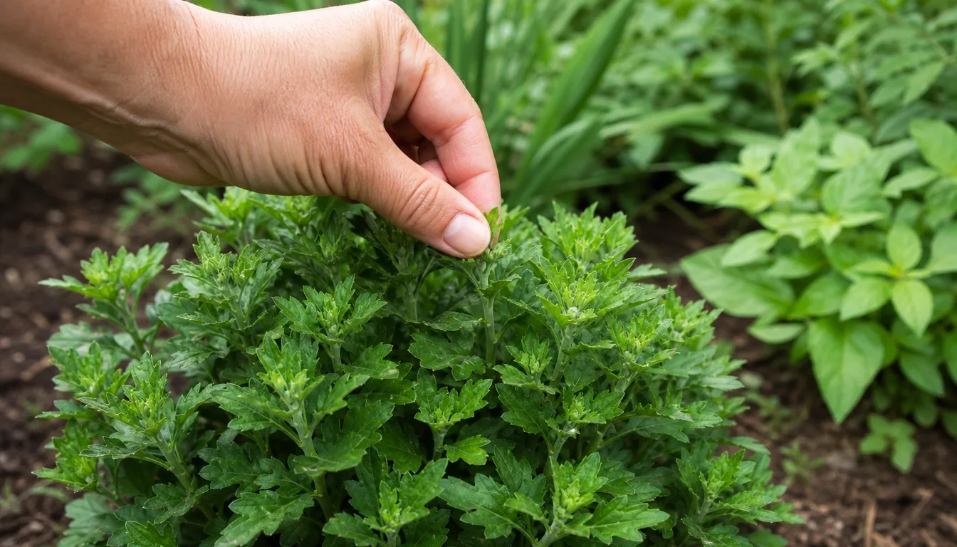 hand pinching the soft green shoot tip of a garden mum in early summer to force bushy growth