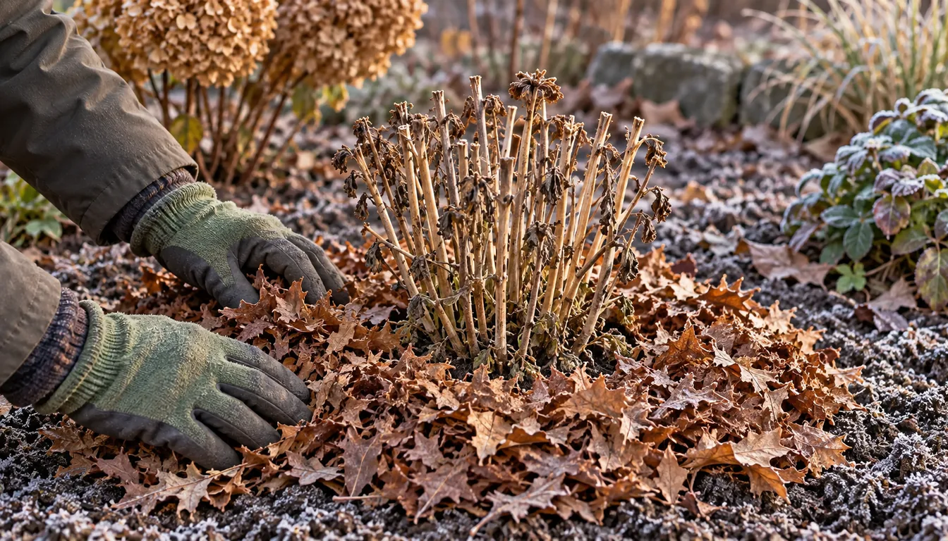 Gloved hands placing shredded leaf mulch around the short dry stems of a hardy mum after frost