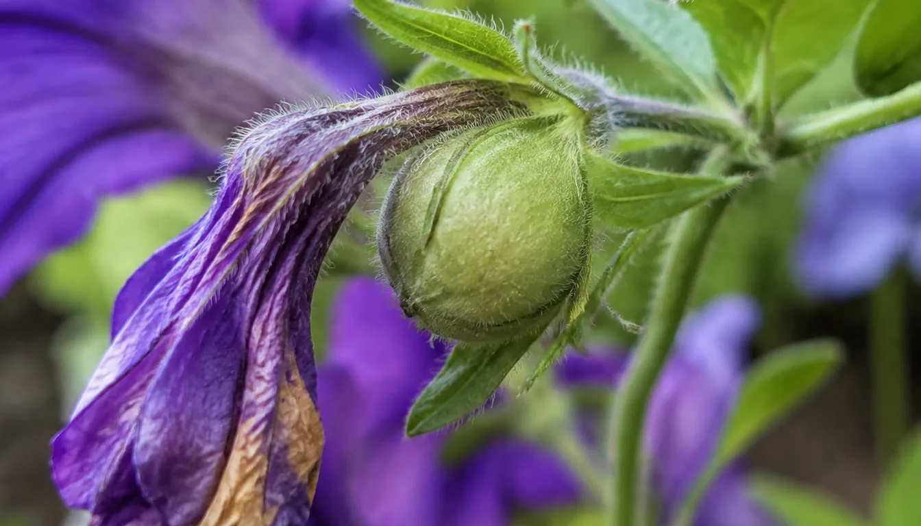 A macro of a petunia stem where a shrivelled faded flower still hangs on and directly behind it the calyx has swollen into a fat green seed pod