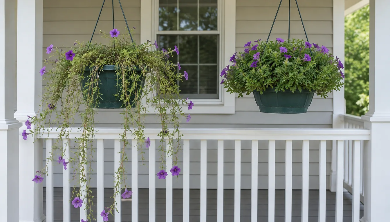 Two hanging petunia baskets on a porch rail, the left one long and leggy with bare trailing stems and flowers only at the tips, the right one compact and full