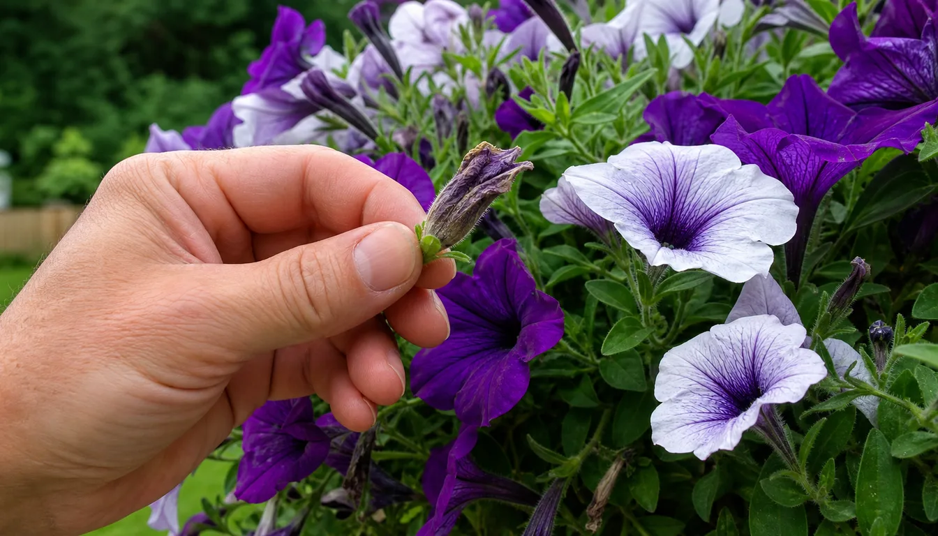 gardener's hand pinching a spent brown petunia flower and its green seed pod from a hanging basket of purple and white petunias