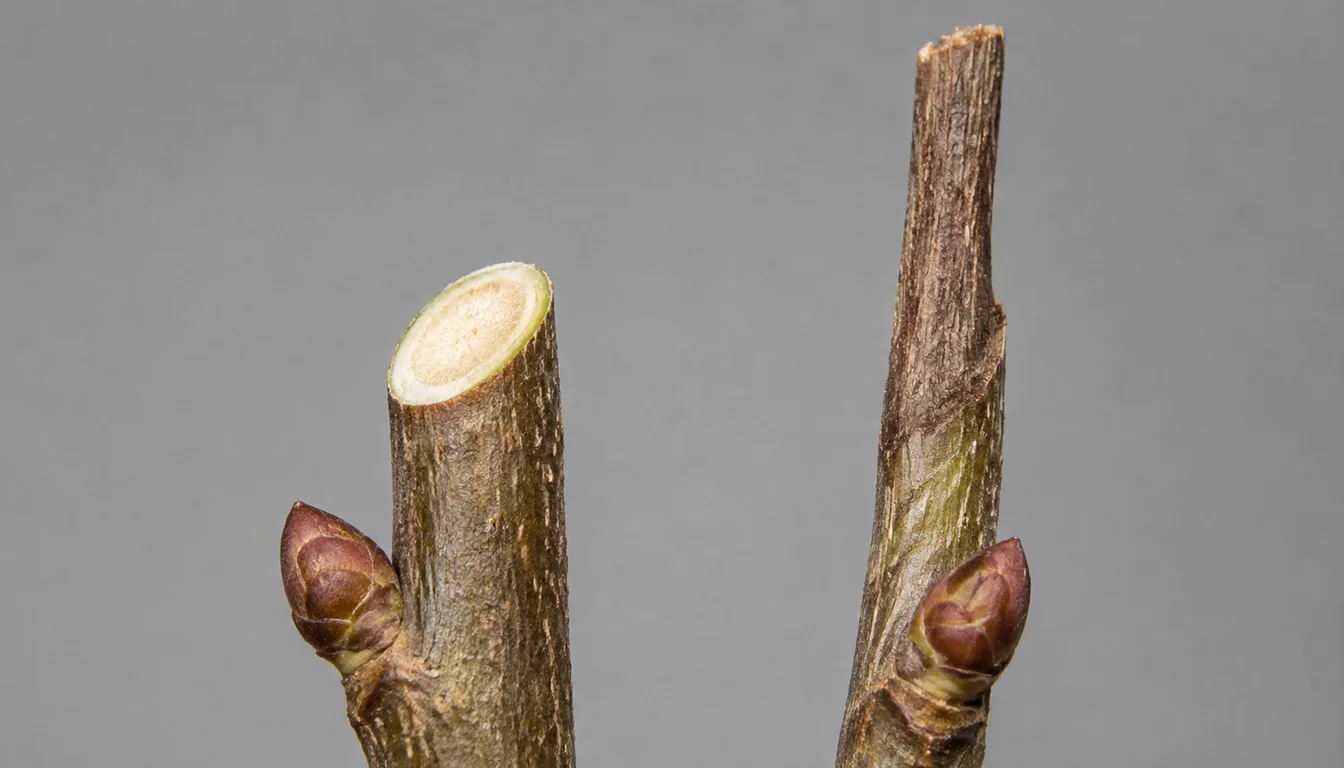 Two woody shrub stems side by side against gray, the left cut cleanly on a slight angle just above a plump bud with fresh pale wood showing, the right cut high leaving a long dried brown stub well above its bud