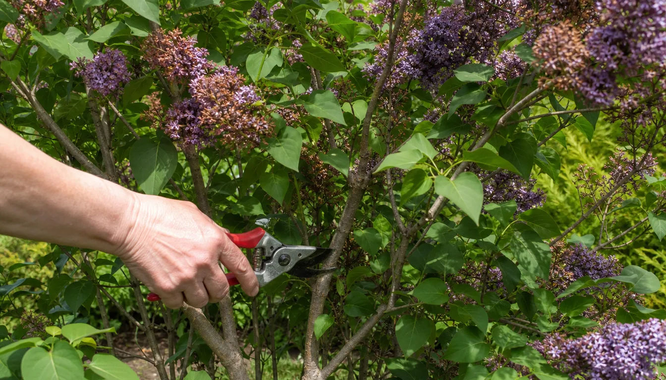 hand pruning a spring-flowering lilac shrub right after bloom, cutting an old stem to open the plant
