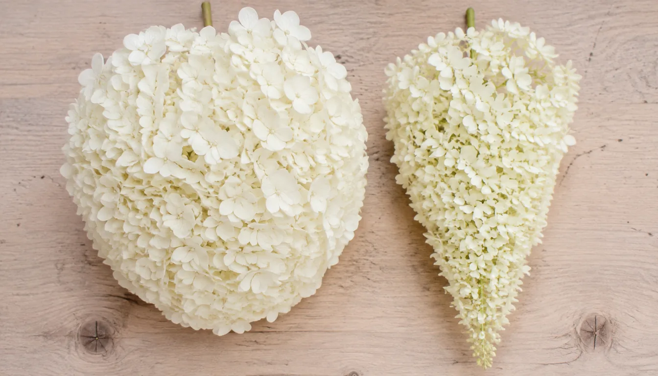 Two cream hydrangea flower heads laid side by side on pale timber, the left a large round dense dome of florets and the right a long tapering cone narrowing to a point