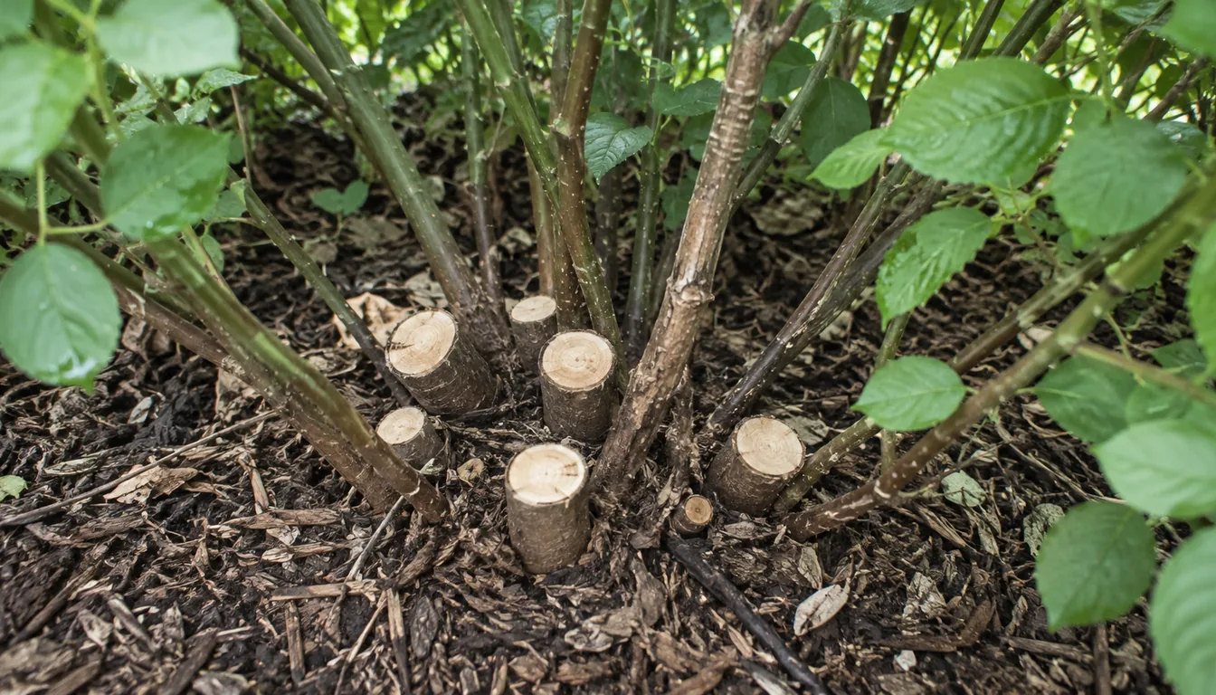 Looking into the base of a multi-stemmed shrub where several thick old stems have been cut off at ground level leaving pale flat cut faces, with the younger stems still standing around them in mulch