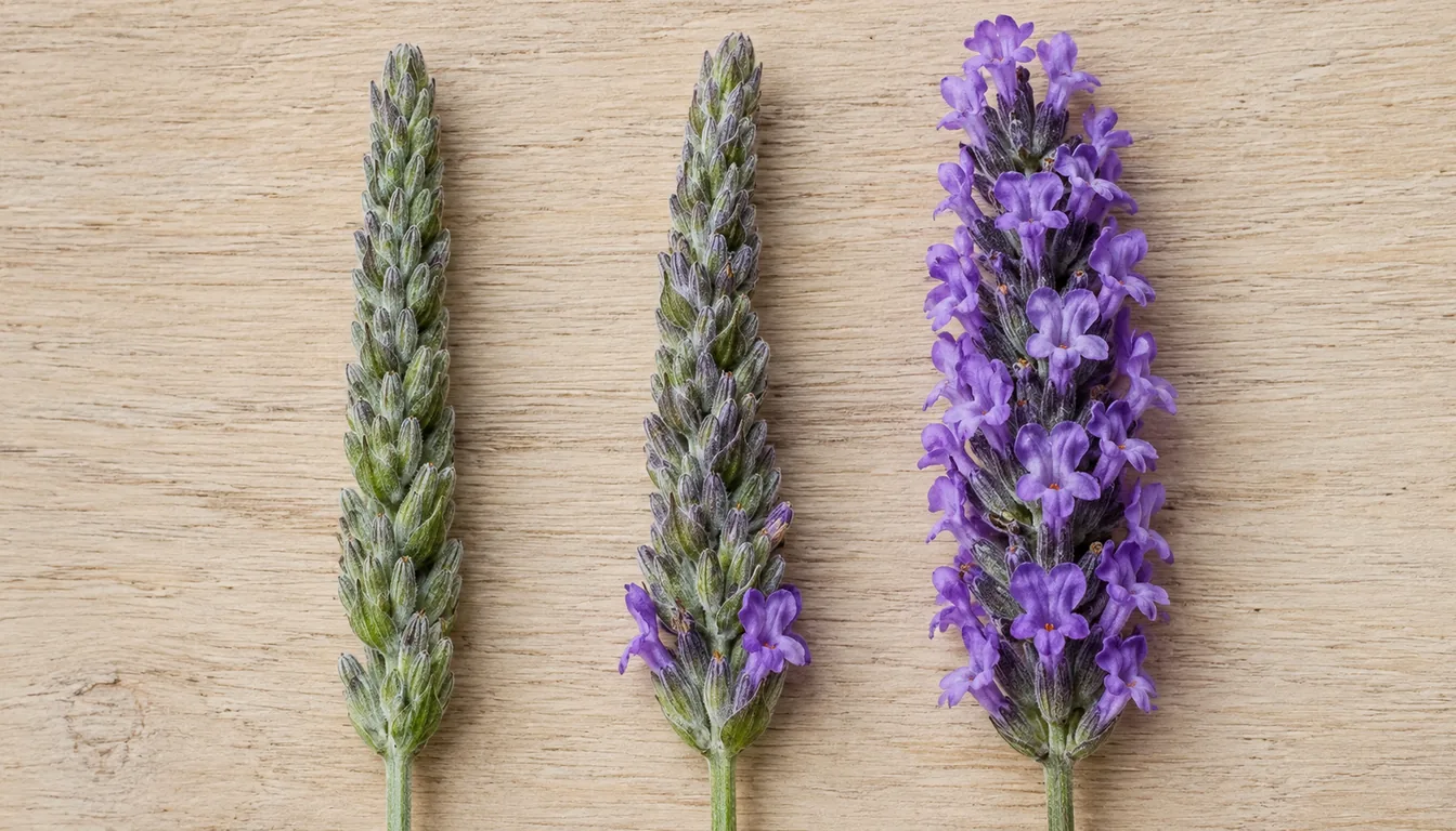 Three lavender flower spikes laid side by side on pale timber, the left one entirely tight gray-green buds, the middle with two purple florets open at its base and the rest still in bud, the right in full purple bloom