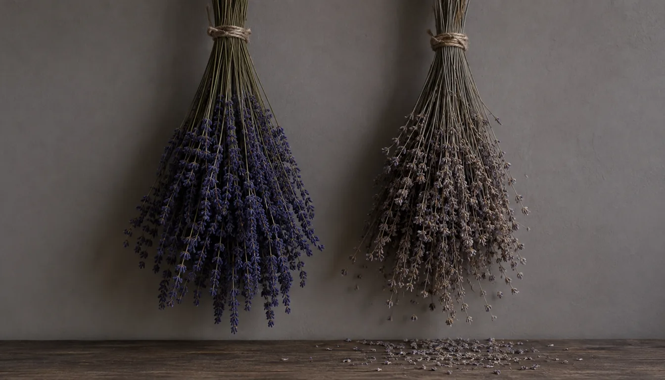 Two dried lavender bundles hanging side by side against a plain gray wall, the left one deep purple with florets still attached, the right faded pale brown with shed florets scattered on the surface beneath it