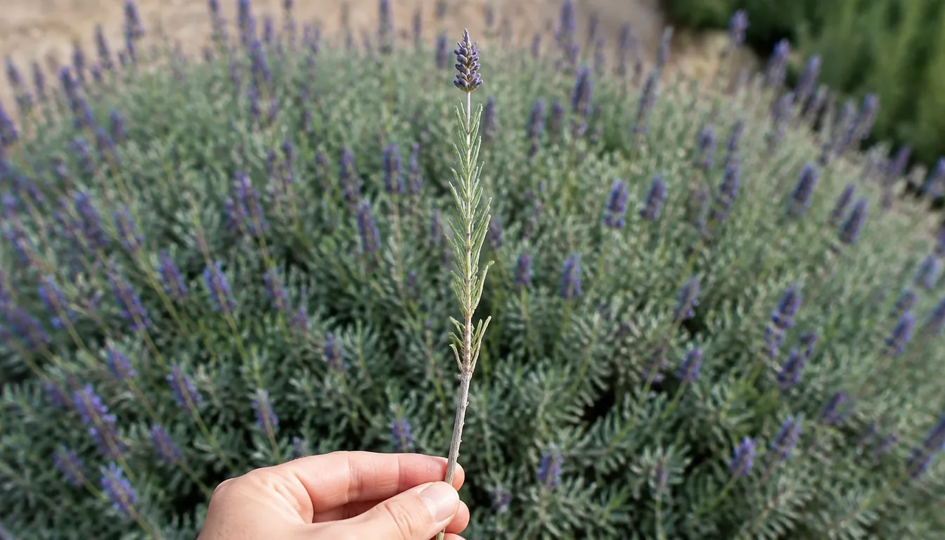 A single lavender stem held out from the plant, the bud spike at the top, a long section of gray-green leafy growth below it, and a bare gray woody stem with no leaves at the bottom