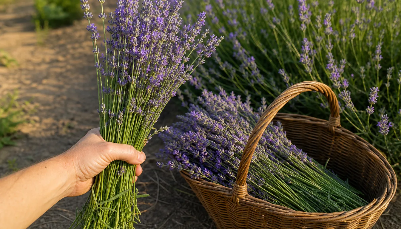 hand holding a freshly cut bundle of purple lavender stems for drying with a basket nearby