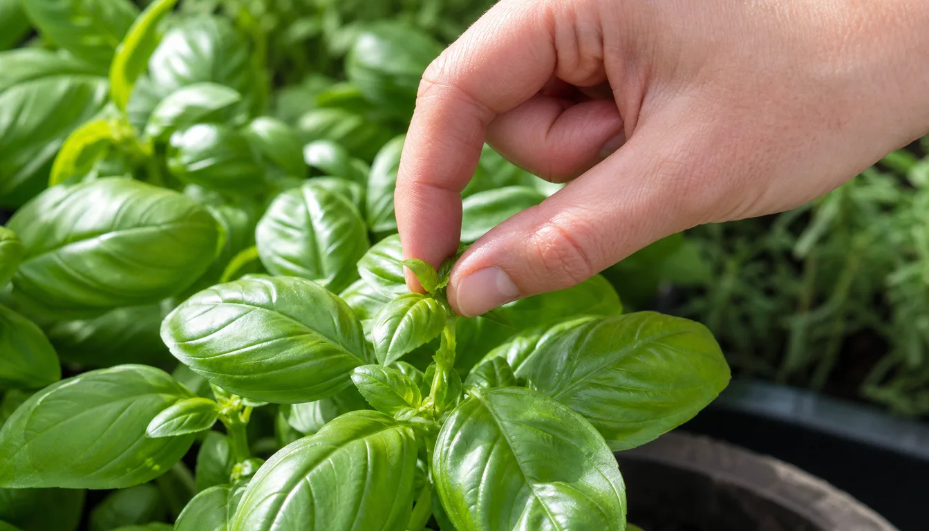 fingers pinching a basil tip just above a leaf pair on a lush green basil plant
