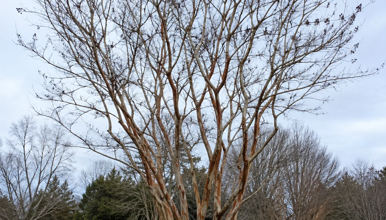 A mature multi-trunk crepe myrtle in late winter with every leaf gone, the full branch structure and mottled bark readable from ground to tip and dry seed capsules still hanging