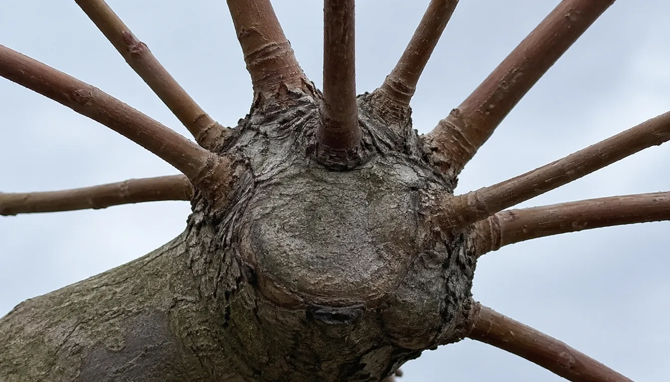 A close view of a crepe myrtle branch cut flat years ago, its old cut face now a swollen knuckled knob with eight or ten thin whippy shoots erupting from the same point