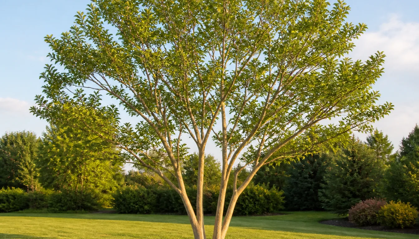 A well-shaped crepe myrtle in leaf with three clean trunks flaring outward into an airy vase-shaped canopy with daylight visible between the branches