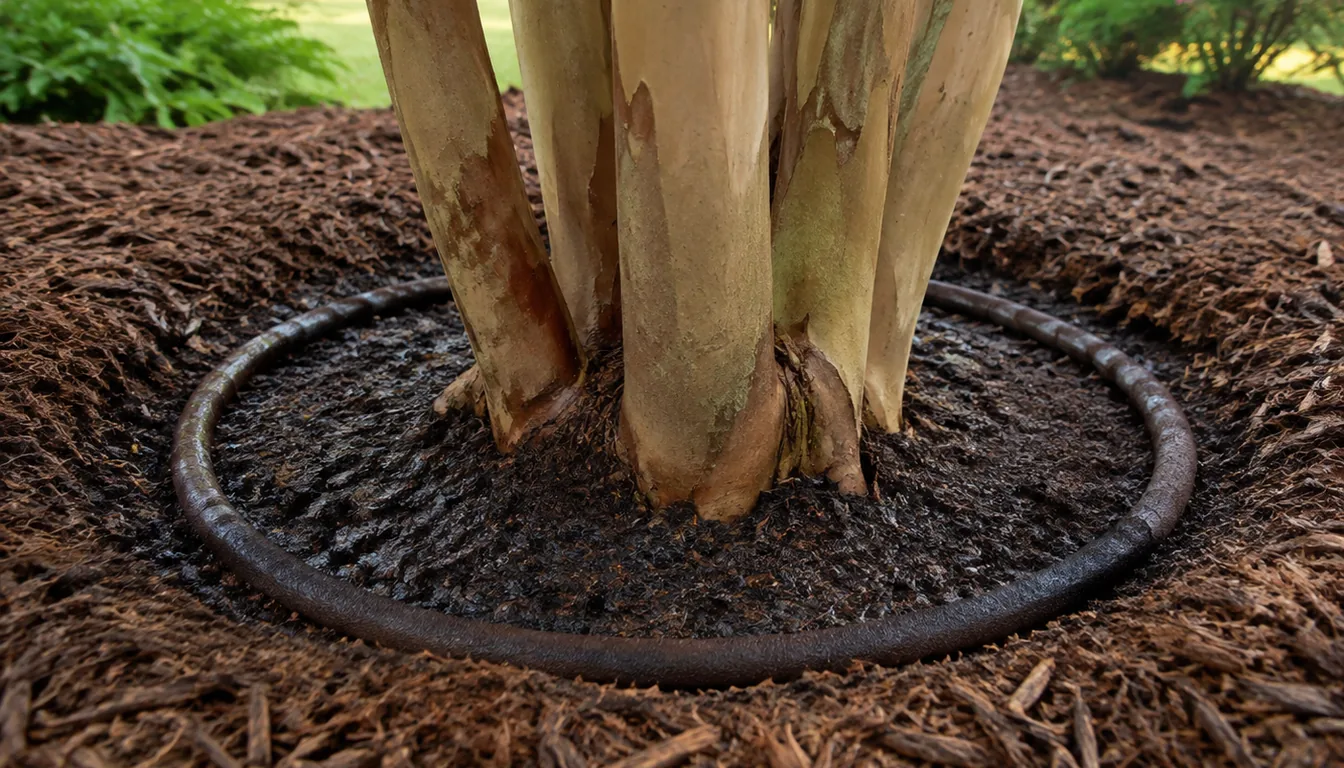 The base of a crepe myrtle trunk cluster ringed with dark mulch pulled back clear of the bark, with a soaker hose coiled inside the ring over visibly damp soil