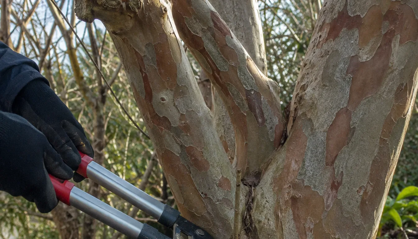 A gloved hand raising bypass loppers to the fork of two smooth mottled crepe myrtle trunks, with the bare branch structure behind