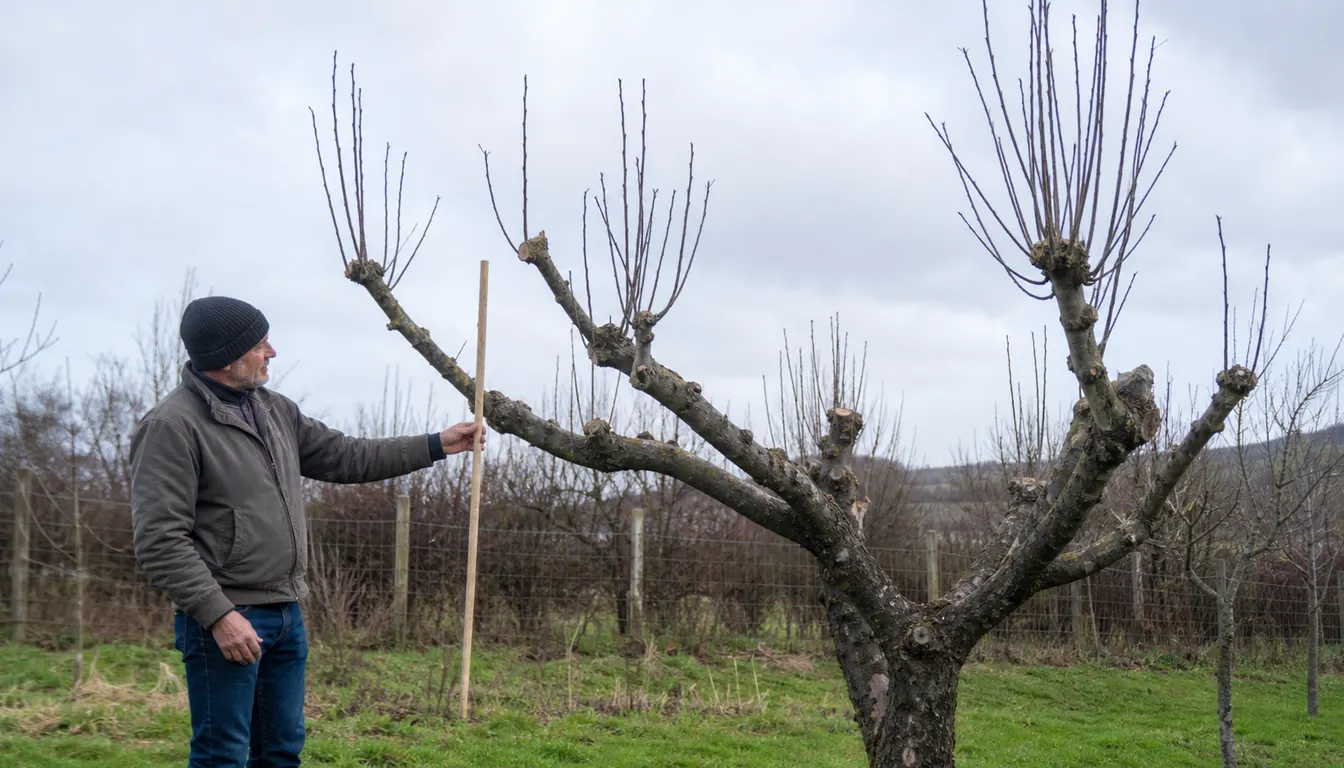 Gardener using a wooden measuring stick to assess the sparse scaffold structure and water sprouts on a hard-pruned apple tree