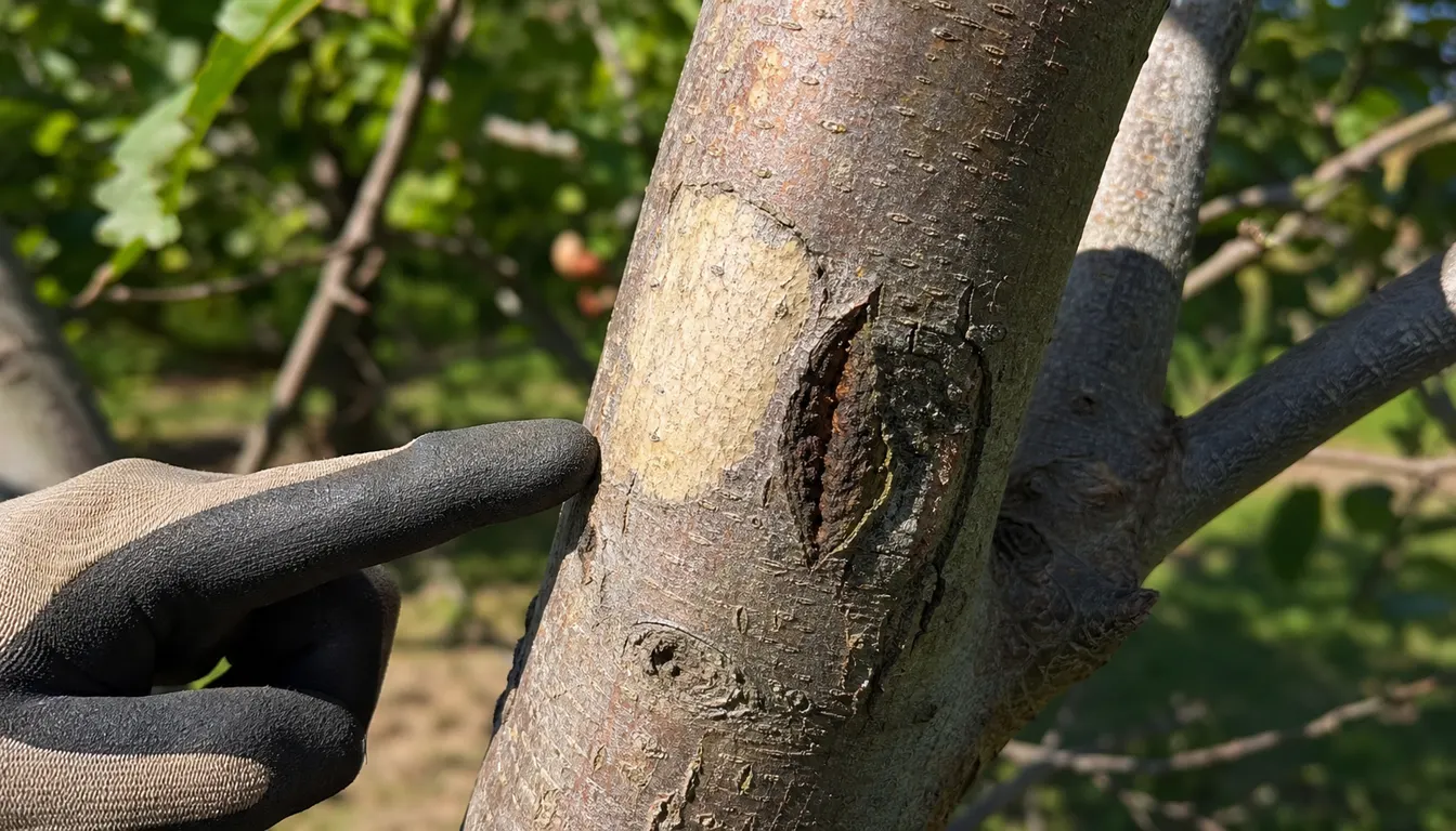 Gloved finger pointing to pale sunscald and a dark sunken bark lesion on an exposed apple scaffold