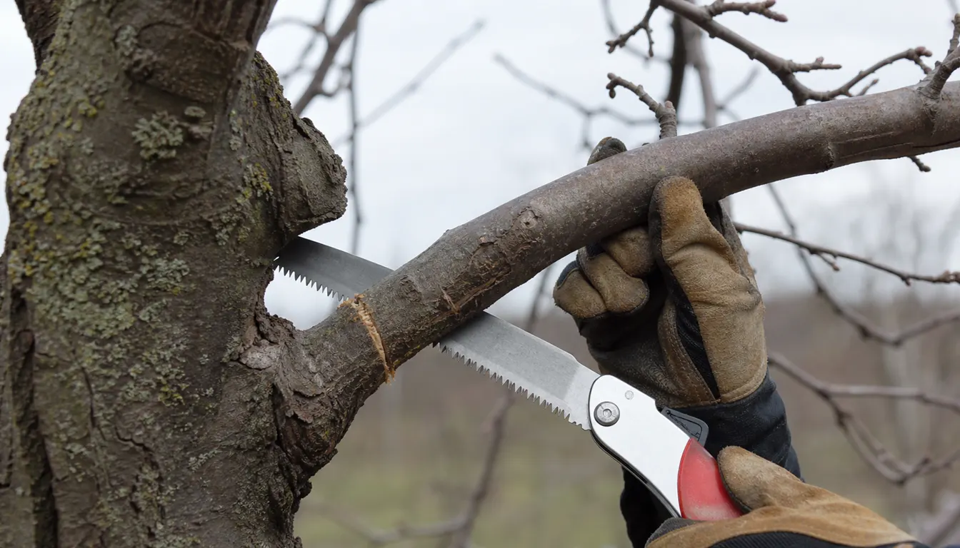 Pruning saw cutting a damaged apple branch just outside its swollen branch collar