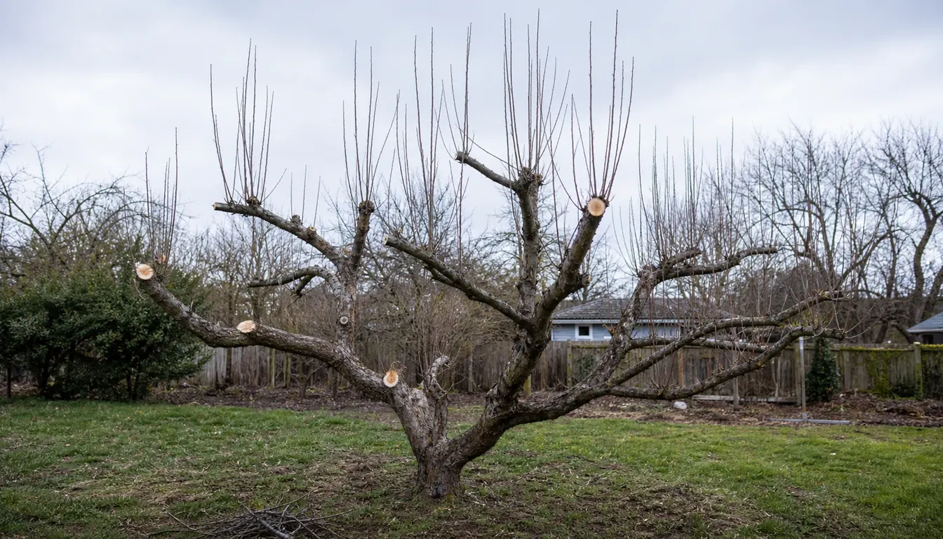 Severely over-pruned mature apple tree with fresh large cuts and upright water sprouts across the remaining limbs