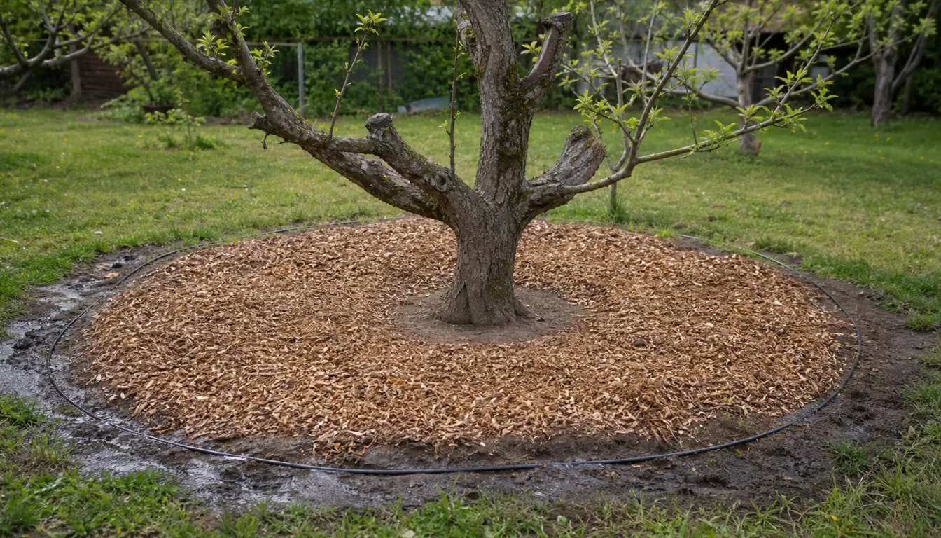 Apple tree with a broad wood-chip mulch ring, exposed trunk flare, and drip hose around the outer root zone