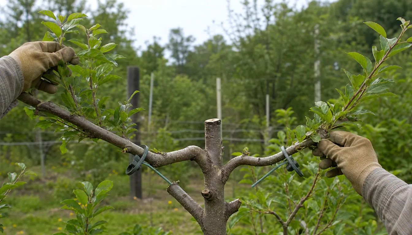 Two leafy apple shoots held at wide angles with soft ties and small limb spreaders