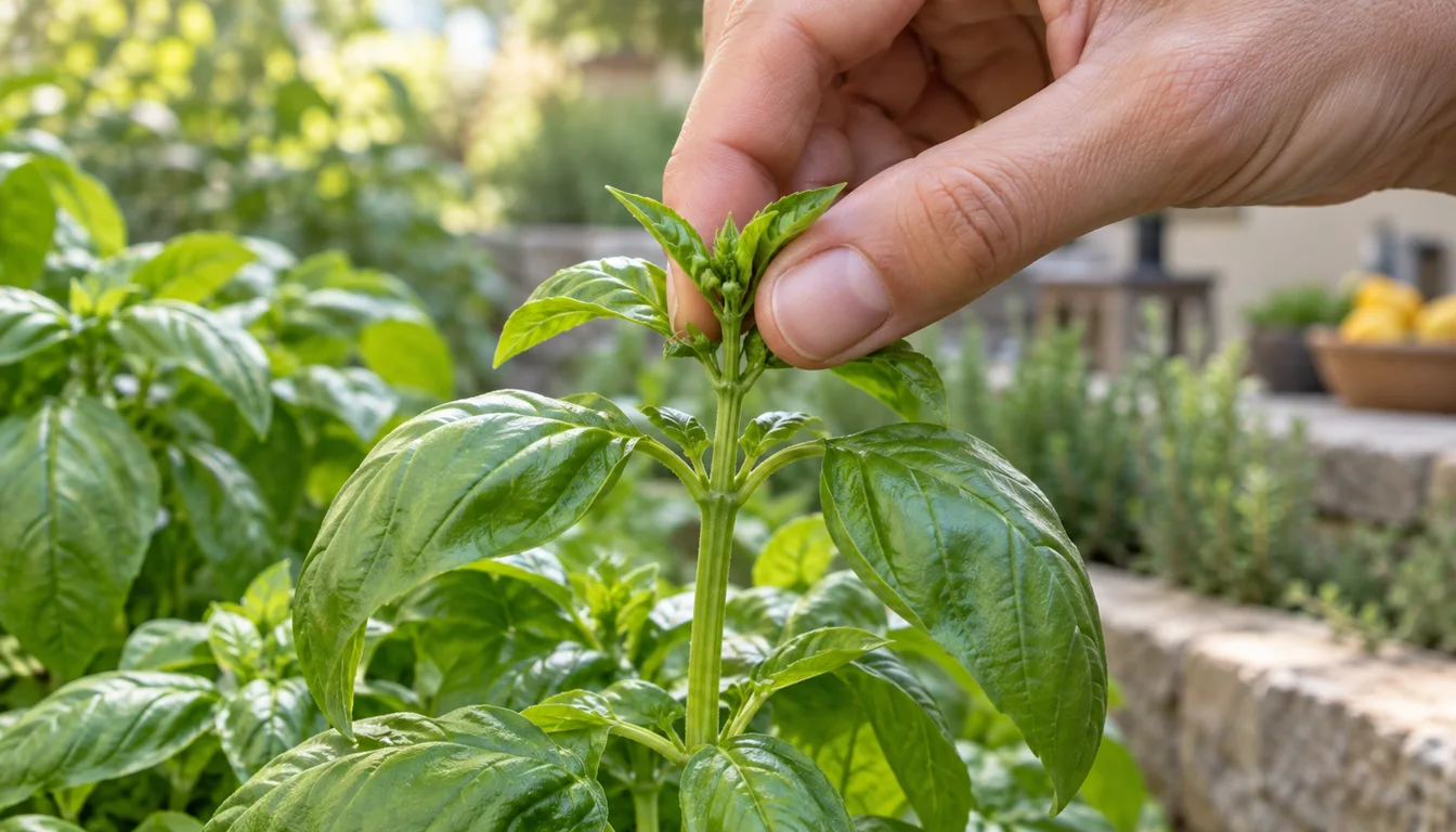 Fingers pinching the soft tip of a basil stem just above an opposite pair of leaves